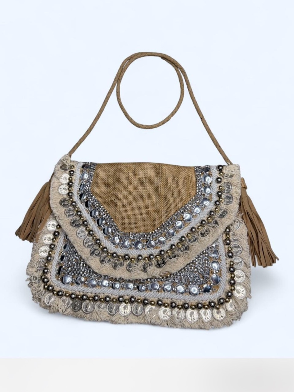 Embellished Boho Fringe Crossbody Bag - Natural Taupe - Picture 2 of 5